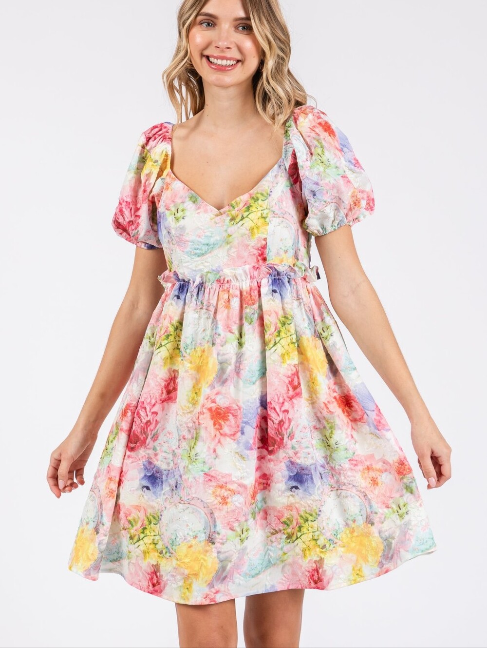 TCEC Pastel Brights Floral Puff Sleeve Romantic Coquette Dress, Size M